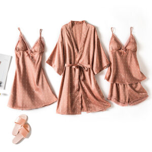 style: A, Color: Rose Gold-XL, Size:  - Print Dot Lady Nightwear Satin 4PCS Pajamas Set For Women