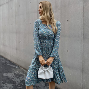 Color: Blue, Size: L - Fashion Hedging Print Temperament Waist Dress