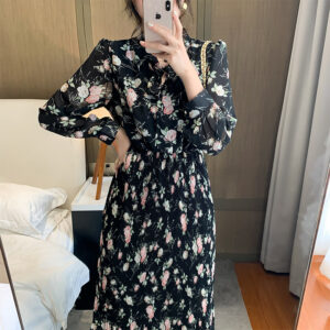 Color: Black, Size: M-Skirt, style:  - Bowknot Pleated Floral Long-sleeved Chiffon Dress