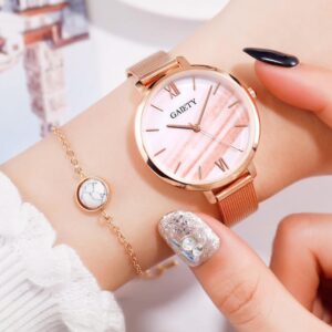 Color: Pink, Style: Bracelet - Women Rose Gold Water Drill Bracelet Watch