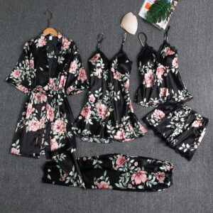 Color: Black B, Size: XXL - Women's Summer Ice Silk Pajamas With Chest Pad