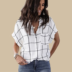 European and American women's summer new style collar bat sleeves loose short-sleeved plaid shirt