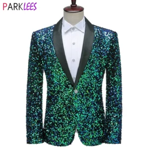 Color: Brown, Size: L - Shiny Green Sequins Bling Glitter Blazer Men 2023 Shawl Collar One Button Tuxedo Suits&Blazer Mens Wedding Party Stage Costumes