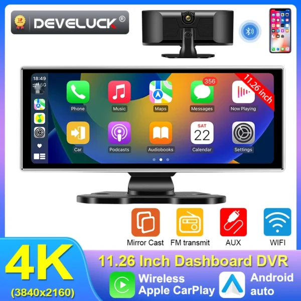 Color Name: Red, Sd Card Memory: 64G - 11.26" 4K Dash Cam Rear view Camera Wireless Carplay Android Auto Dual Lens Car DVR Video Recorder AUX GPS BT FM Mirror Monitor