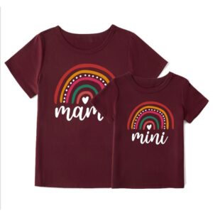 Color: Wine Red, Size: Mom 3XL - Rainbow Print T-shirt Mother And Daughter Mom Cotton Short Sleeve Top Summer INS Family Wear